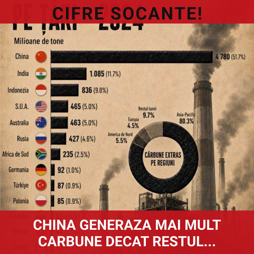 China domină producția globală de cărbune, generând mai mult decât restul lumii combinat